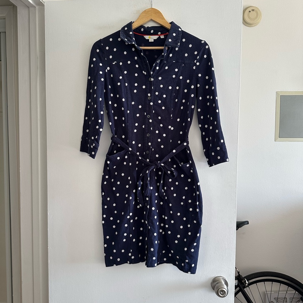 Boden Navy/ White Polka Dot Cotton 3/4 Sleeve Collared Mini Dress size 4R EUC - Picture 3 of 6